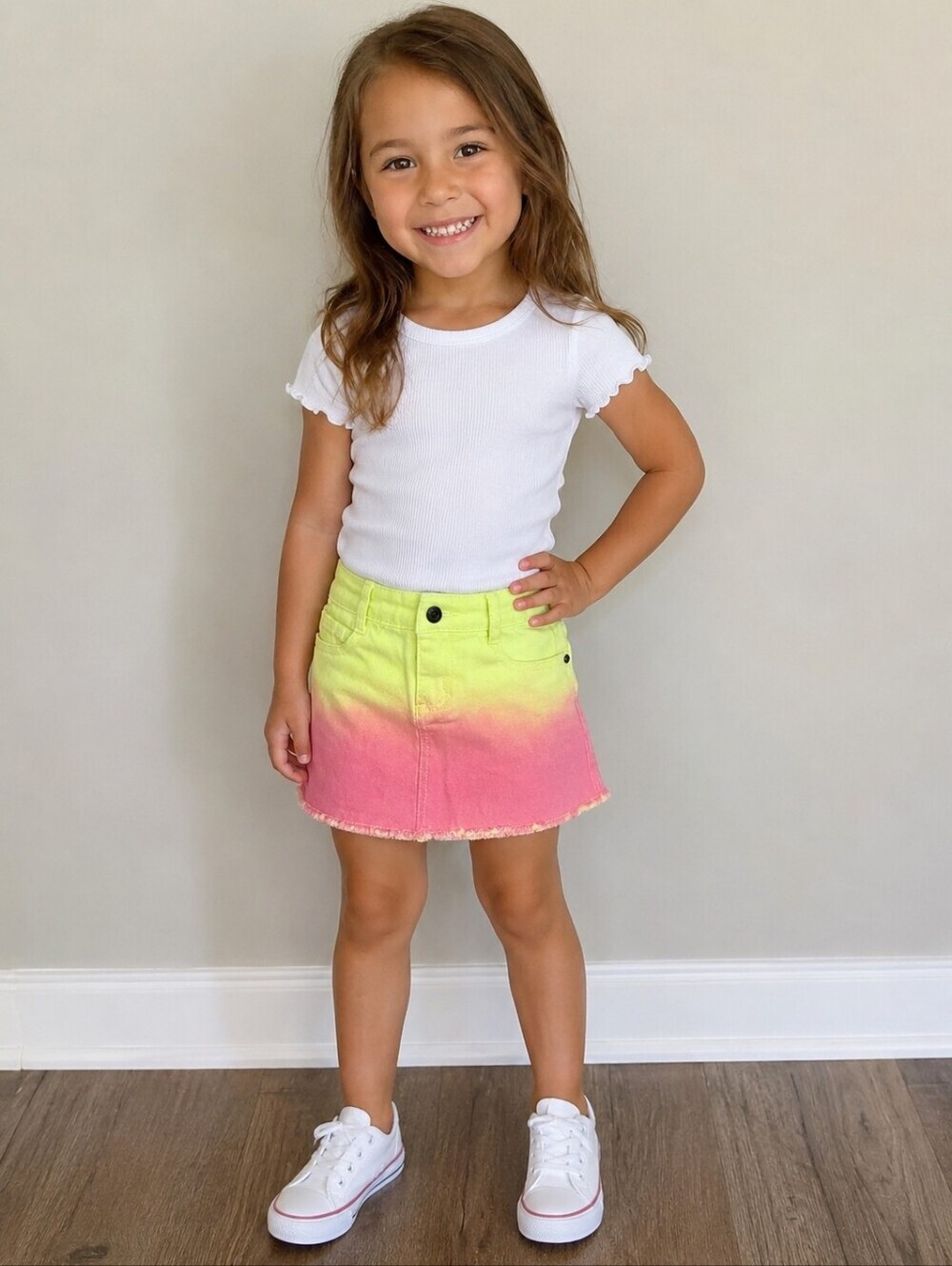 DKNY Girls Size 5 Stretch Denim Ombre Mini Skirt Pink Yellow Frayed Hem Summer